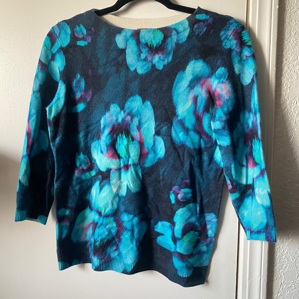 Talbots Petites Pure Cashmere Sweater Blue Purple Floral MP Medium P